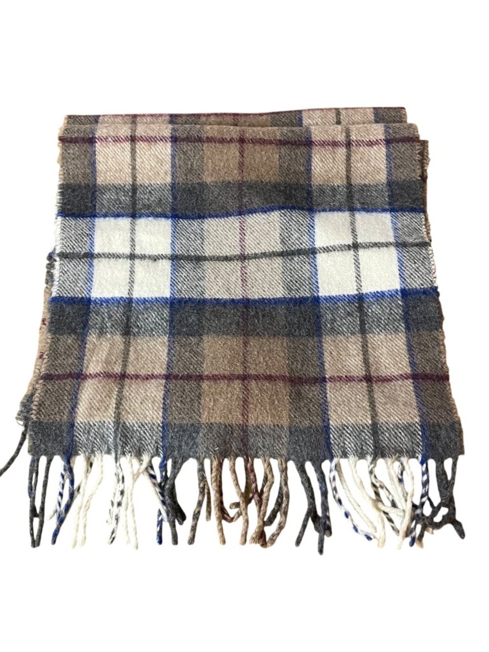 Lambswool Plaid Fringe Rectangle Scarf Preppy Made in Italy 11.5" x 66"
